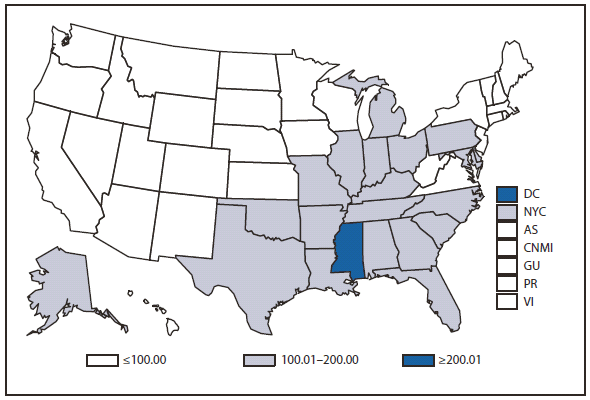 GONORRHEA - This figure is a map of the United States and U.S. territories that presents the incidence range per 100,000 population of gonorrhea cases in each state and territory in 2010.